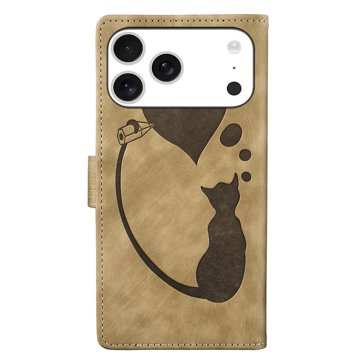 Compatible with iPhone 18 Pro Max & 17 Pro Max Pen Heart Cat Embossed Leather Phone Case - Apricot