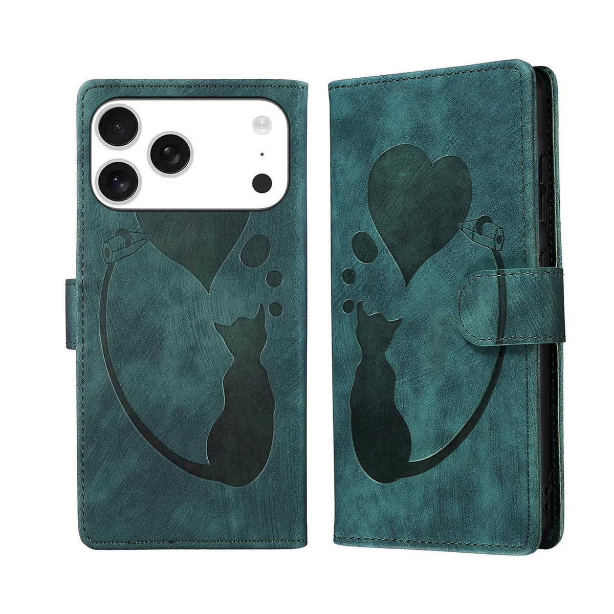 Compatible with iPhone 18 Pro Max & 17 Pro Max Pen Heart Cat Embossed Leather Phone Case - Green