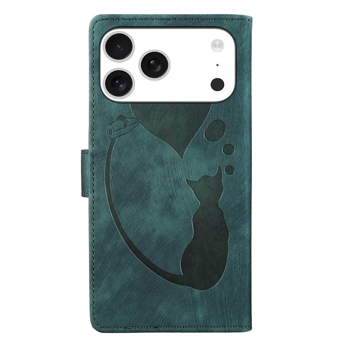 Compatible with iPhone 18 Pro Max & 17 Pro Max Pen Heart Cat Embossed Leather Phone Case - Green