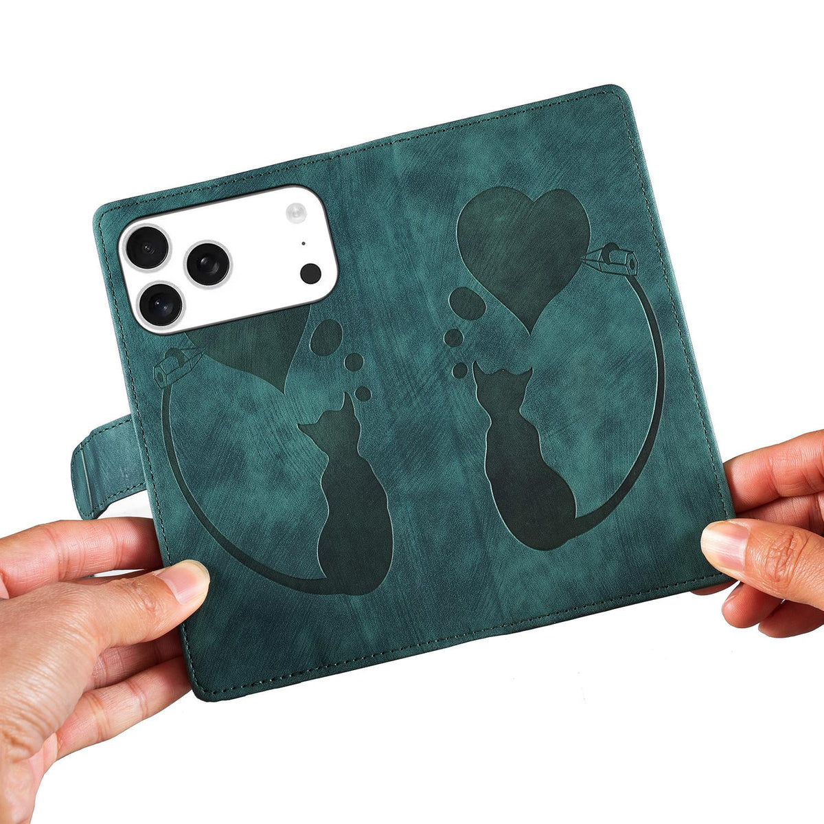 Compatible with iPhone 18 Pro Max & 17 Pro Max Pen Heart Cat Embossed Leather Phone Case - Green