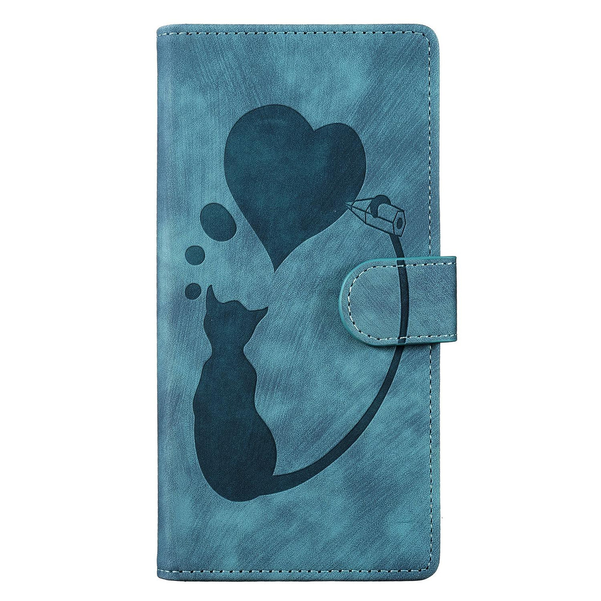 Compatible with iPhone 18 Pro Max & 17 Pro Max Pen Heart Cat Embossed Leather Phone Case - Blue