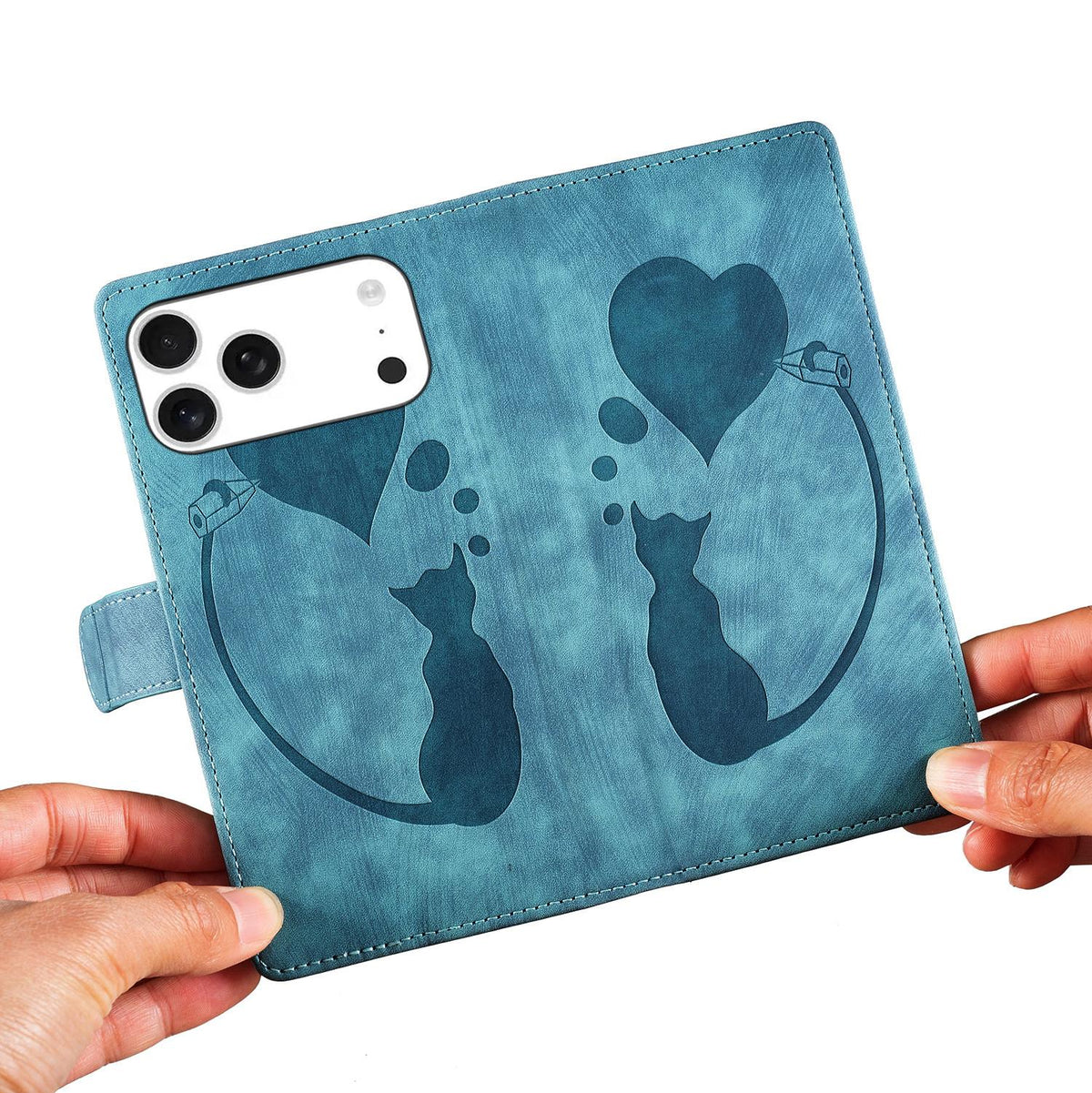 Compatible with iPhone 18 Pro Max & 17 Pro Max Pen Heart Cat Embossed Leather Phone Case - Blue