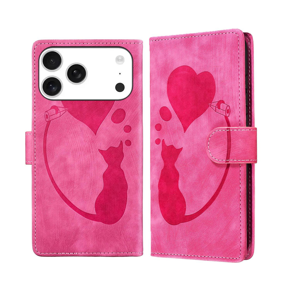 Compatible with iPhone 18 Pro Max & 17 Pro Max Pen Heart Cat Embossed Leather Phone Case - Pink