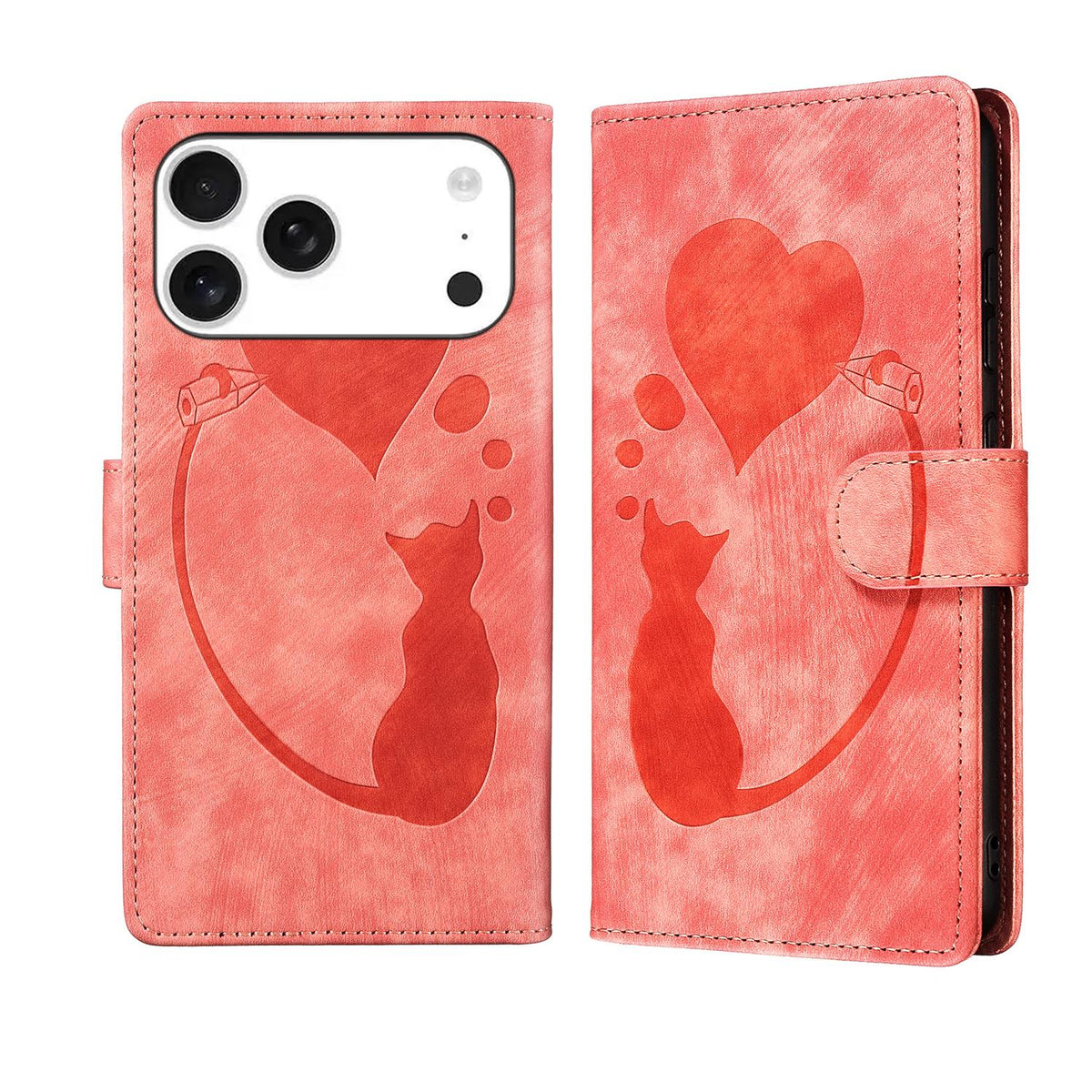 Compatible with iPhone 18 Pro & 17 Pro Pen Heart Cat Embossed Leather Phone Case - Orange
