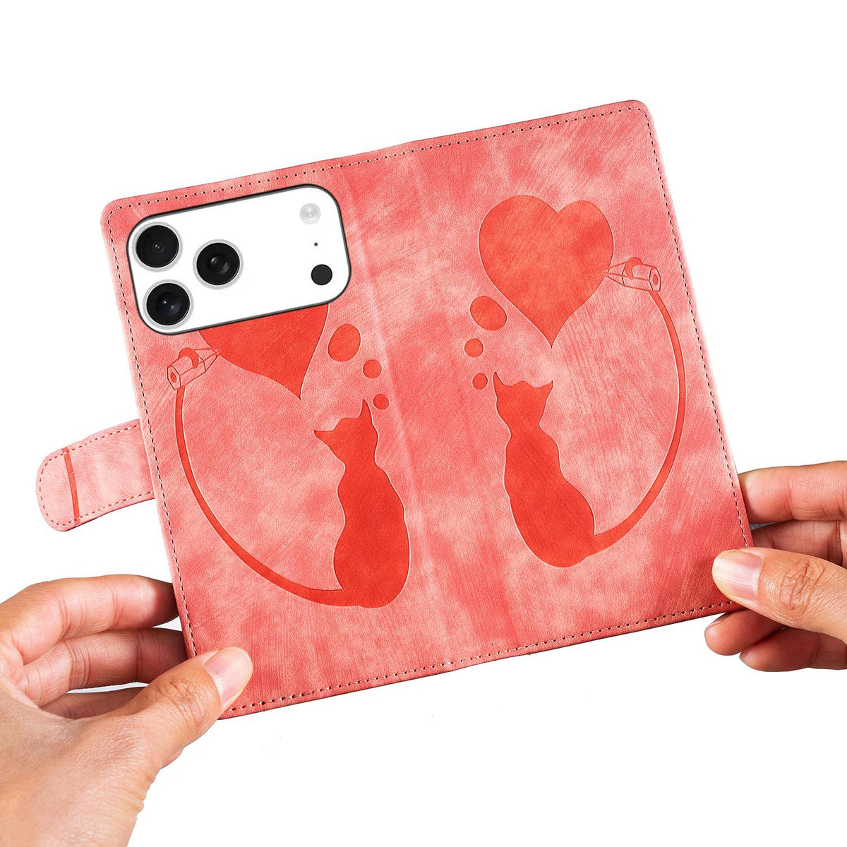Compatible with iPhone 18 Pro & 17 Pro Pen Heart Cat Embossed Leather Phone Case - Orange