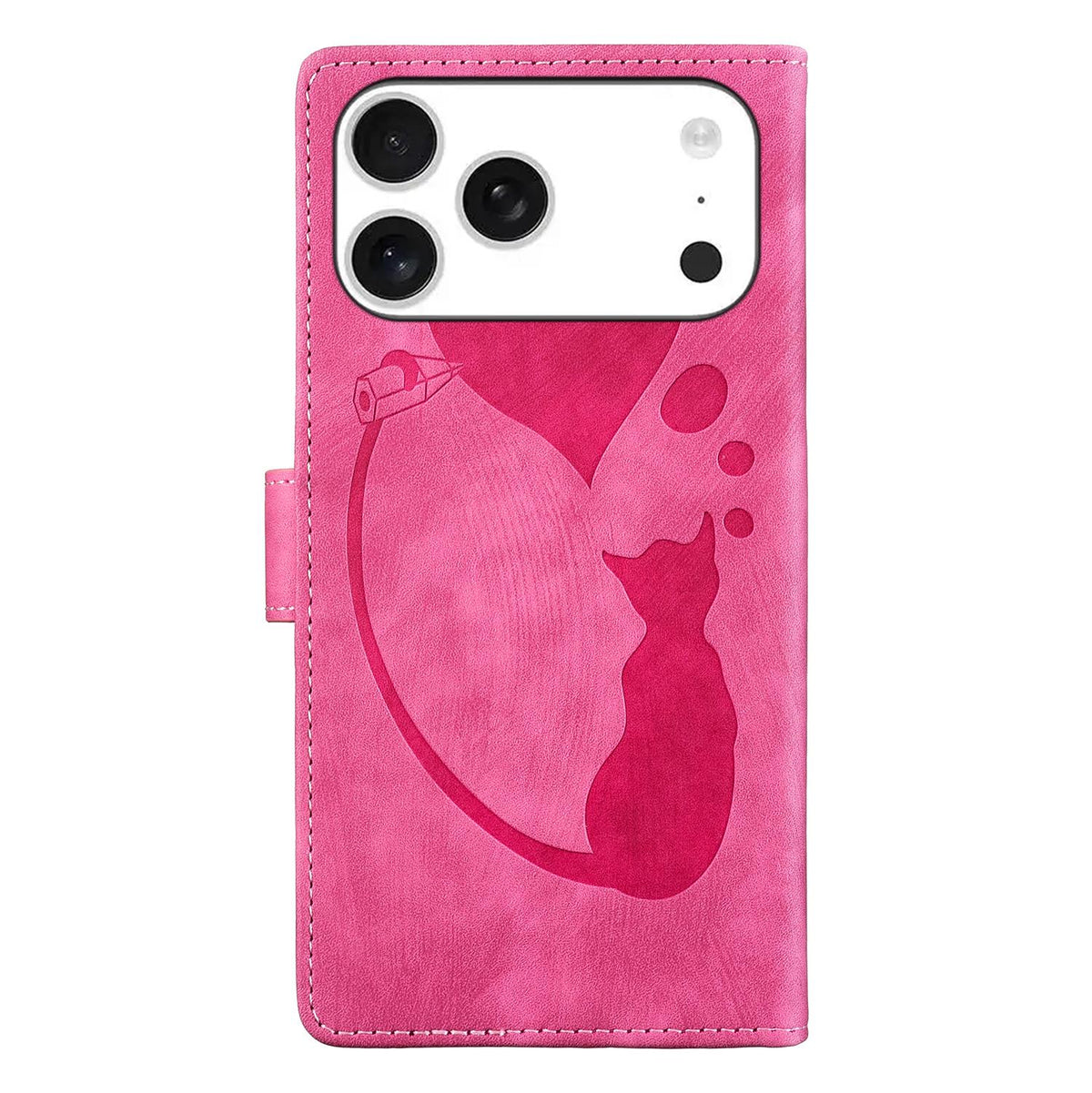 Compatible with iPhone 18 Pro & 17 Pro Pen Heart Cat Embossed Leather Phone Case - Pink