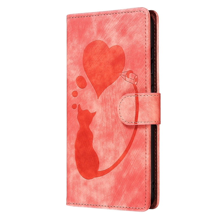 For Samsung Galaxy S24 5G Pen Heart Cat Embossed Leather Phone Case(Orange)