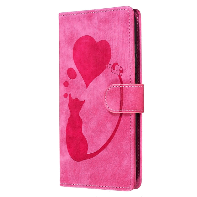 For Samsung Galaxy S24 5G Pen Heart Cat Embossed Leather Phone Case(Pink)