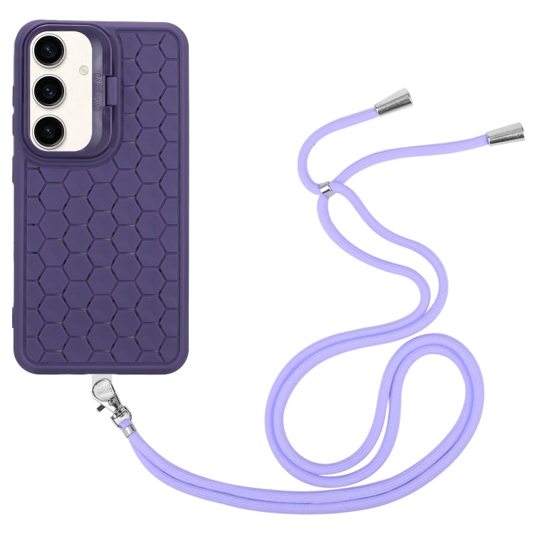 For Samsung Galaxy S24 5G Honeycomb Radiating Holder TPU Phone Case with Lanyard(Purple)