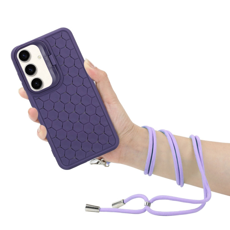 For Samsung Galaxy S24 5G Honeycomb Radiating Holder TPU Phone Case with Lanyard(Purple)