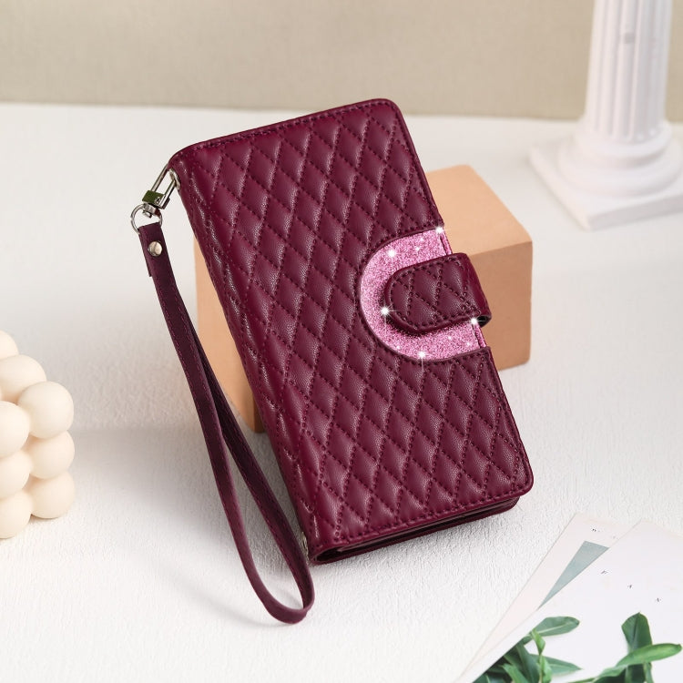 For Samsung Galaxy S24 5G Glitter Lattice Zipper Wallet Leather Phone Case(Wine Red)