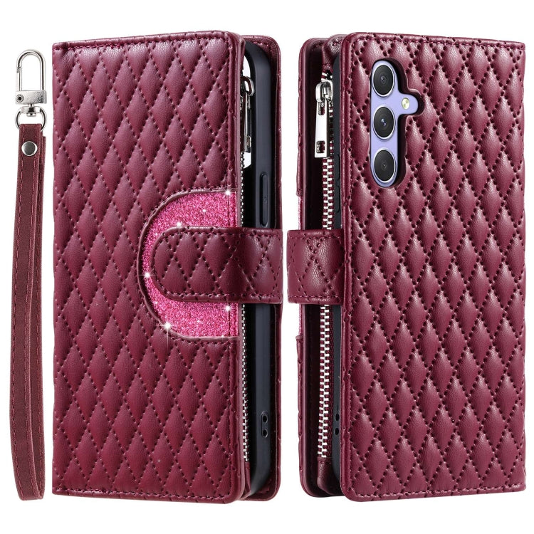 For Samsung Galaxy S24 5G Glitter Lattice Zipper Wallet Leather Phone Case(Wine Red)