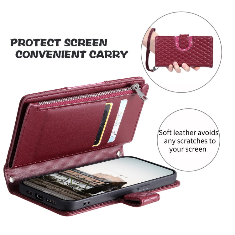 For Samsung Galaxy S24 5G Glitter Lattice Zipper Wallet Leather Phone Case(Wine Red)