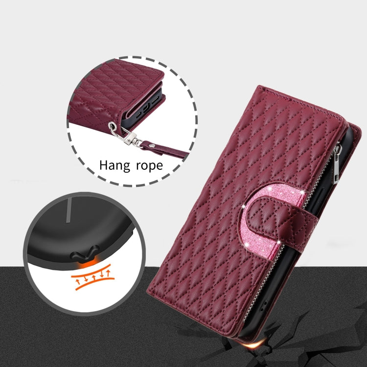 For Samsung Galaxy S24 5G Glitter Lattice Zipper Wallet Leather Phone Case(Wine Red)