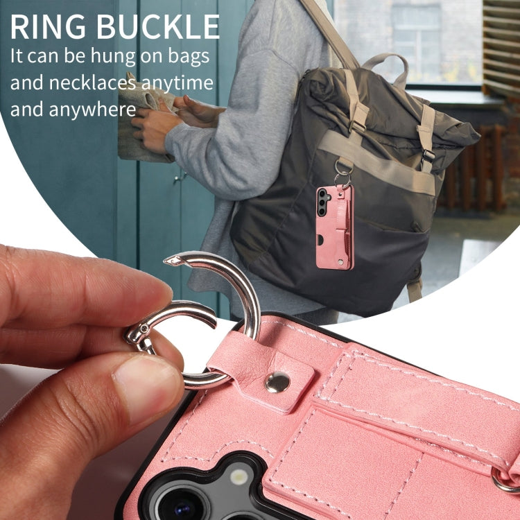 For Samsung Galaxy S24 5G Calf Texture Wrist Card Slot Ring Phone Case(Pink)
