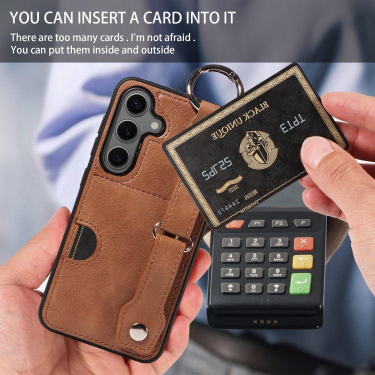 For Samsung Galaxy S24 5G Calf Texture Wrist Card Slot Ring Phone Case(Brown)