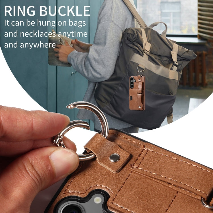 For Samsung Galaxy S24 5G Calf Texture Wrist Card Slot Ring Phone Case(Brown)