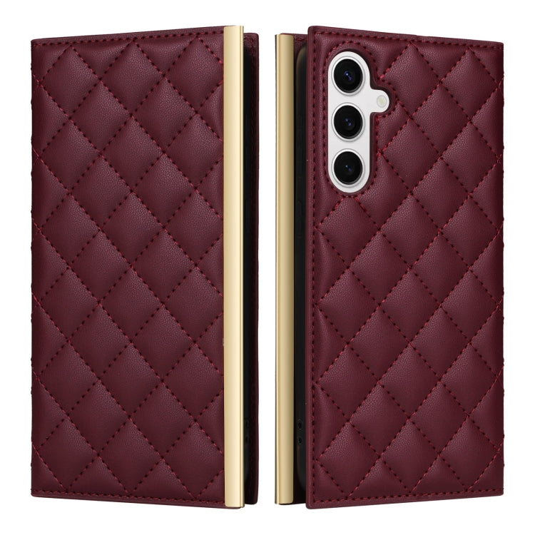 For Samsung Galaxy S24 5G Crossbody Rhombic Sucker Leather Phone Case(Claret)