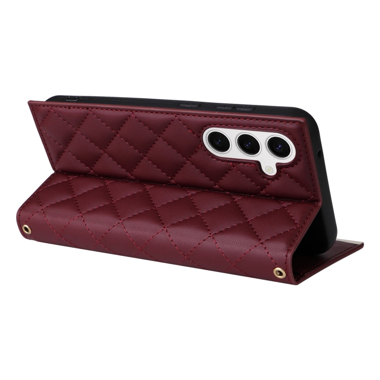 For Samsung Galaxy S24 5G Crossbody Rhombic Sucker Leather Phone Case(Claret)