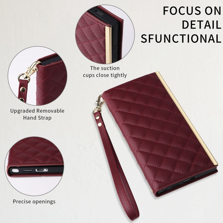 For Samsung Galaxy S24 5G Crossbody Rhombic Sucker Leather Phone Case(Claret)