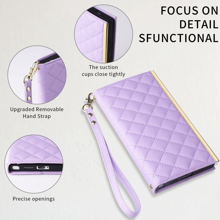 For Samsung Galaxy S24 5G Crossbody Rhombic Sucker Leather Phone Case(Purple)