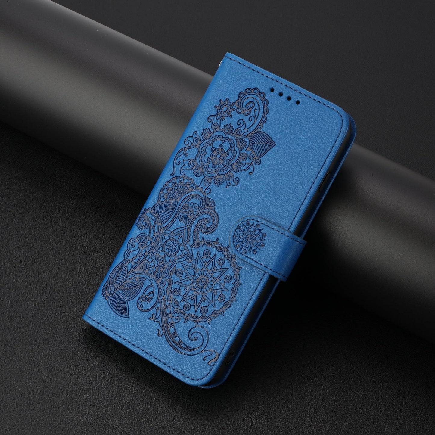 For iPhone 16e Datura Flower Embossed Flip Leather Phone Case(Blue)