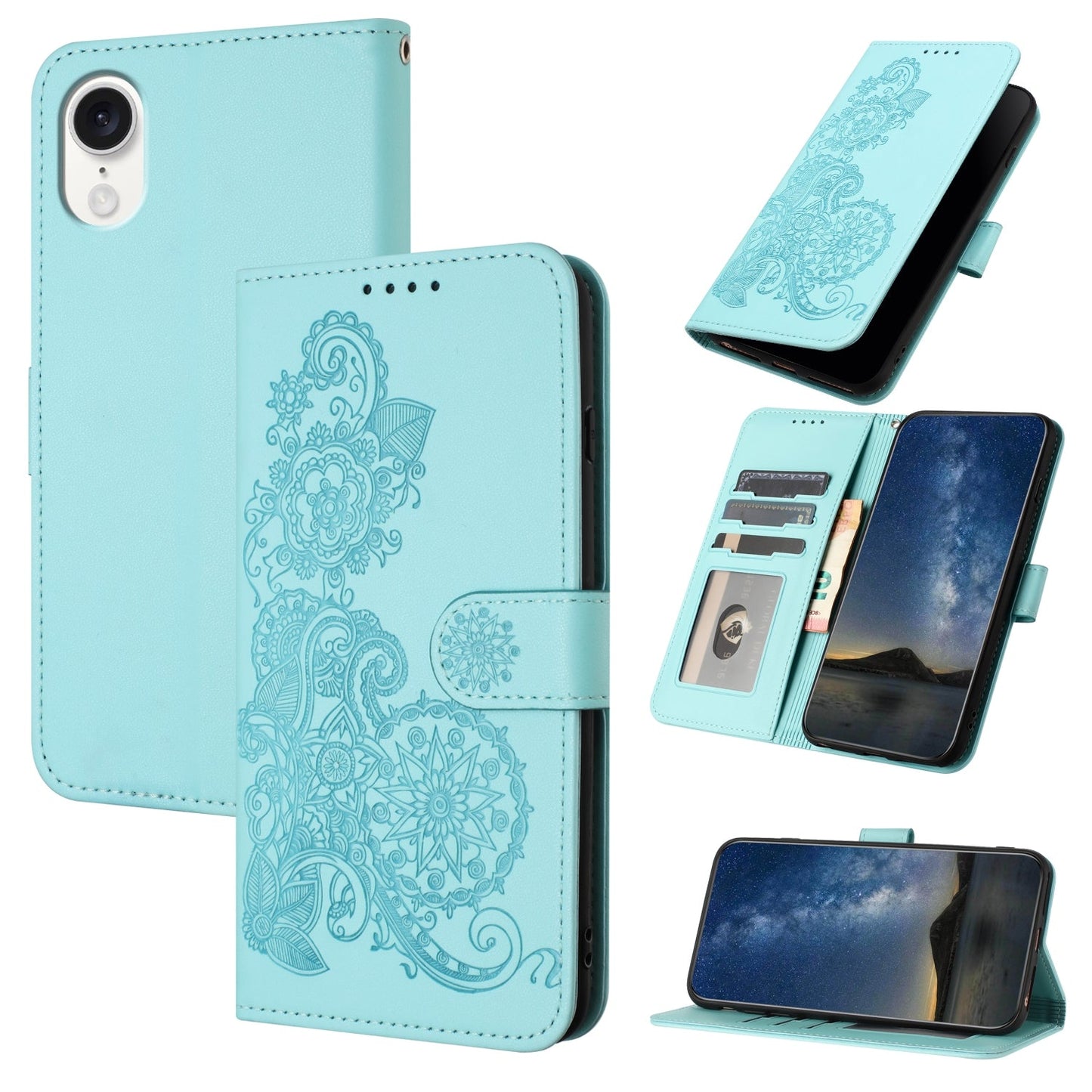 For iPhone 16e Datura Flower Embossed Flip Leather Phone Case(Light Blue)