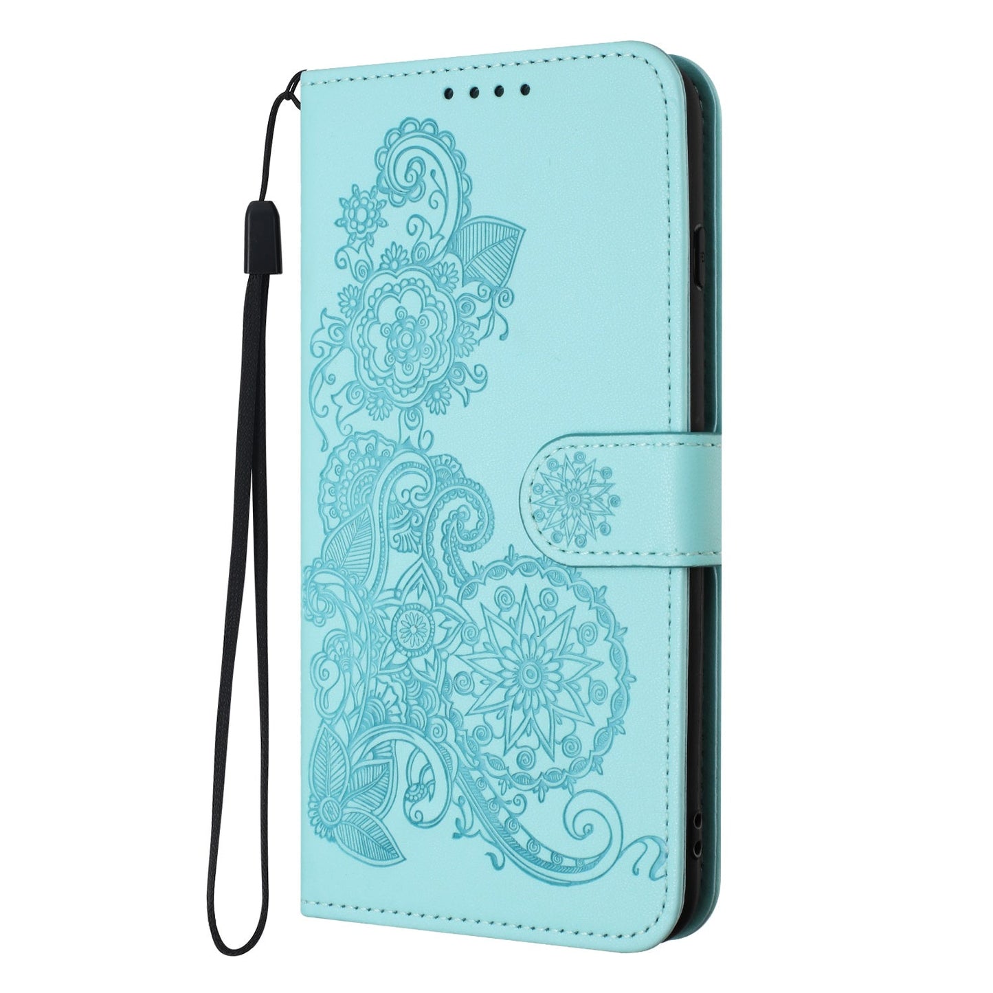 For iPhone 16e Datura Flower Embossed Flip Leather Phone Case(Light Blue)