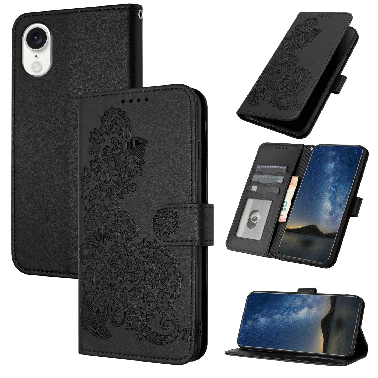 For iPhone 16e Datura Flower Embossed Flip Leather Phone Case(Black)