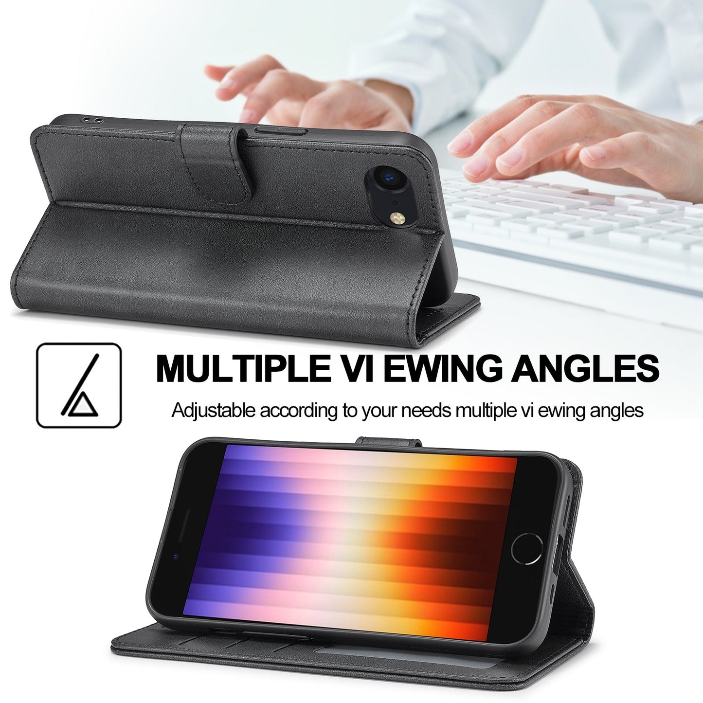 LC.IMEEKE Calf Texture Horizontal Flip Leather Case For iPhone 16e(Black)