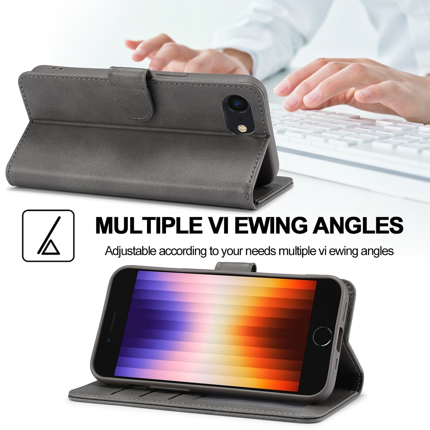 LC.IMEEKE Calf Texture Horizontal Flip Leather Case For iPhone 16e(Grey)