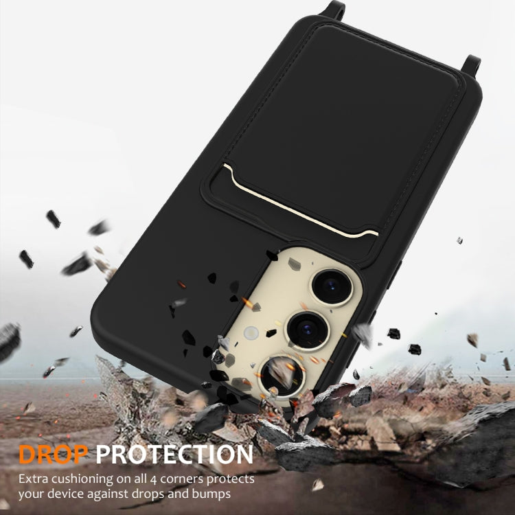 For Samsung Galaxy S24 5G Integrated Card Bag Solid Color Liquid Silicone Phone Case with Lanyard(Black)