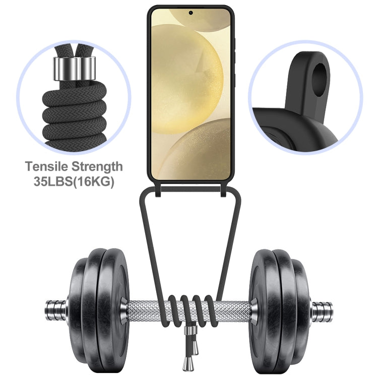 For Samsung Galaxy S24 5G Integrated Card Bag Solid Color Liquid Silicone Phone Case with Lanyard(Black)