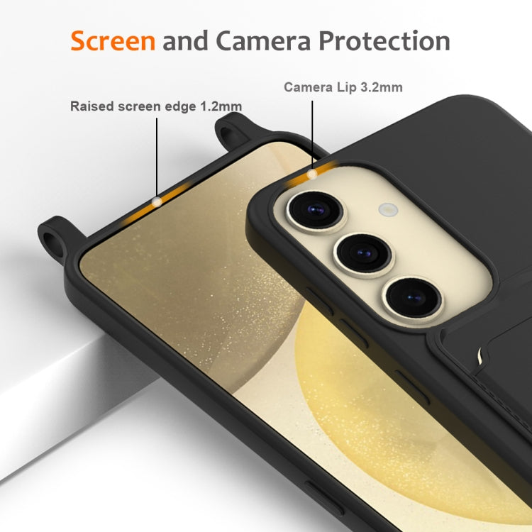 For Samsung Galaxy S24 5G Integrated Card Bag Solid Color Liquid Silicone Phone Case with Lanyard(Black)