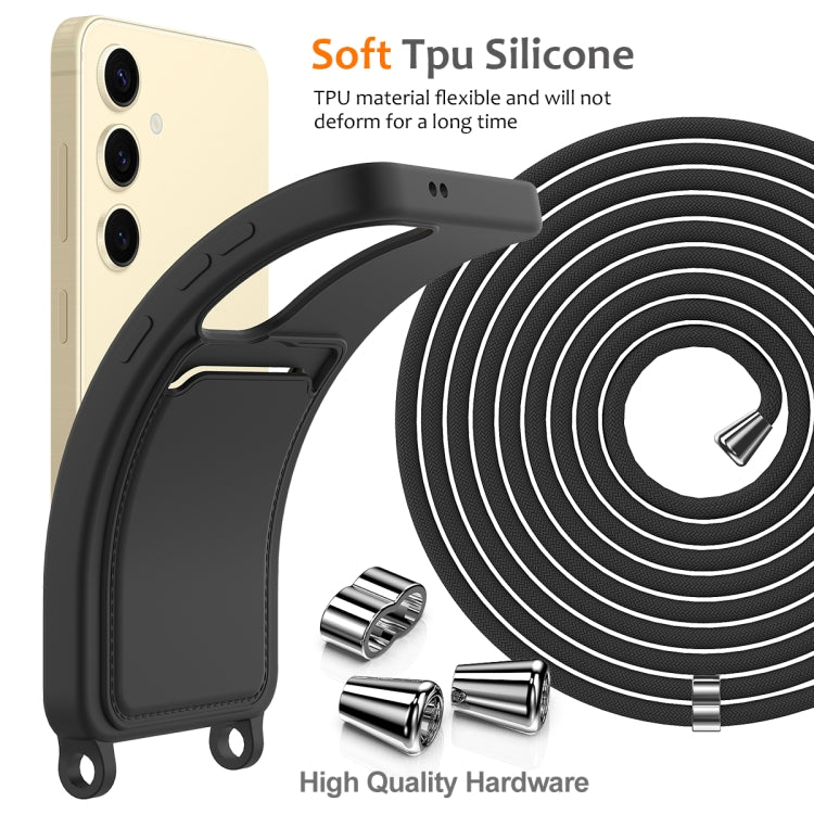 For Samsung Galaxy S24 5G Integrated Card Bag Solid Color Liquid Silicone Phone Case with Lanyard(Black)