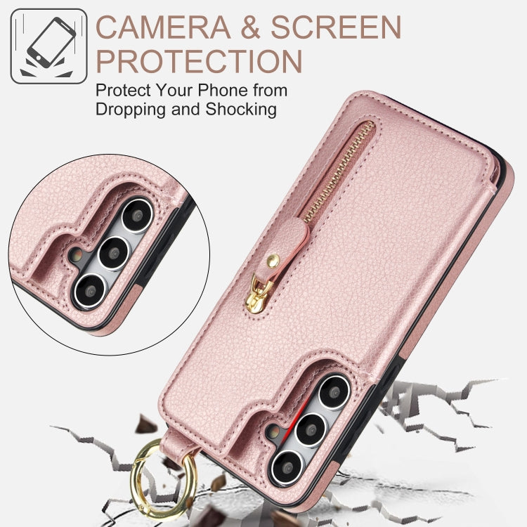 For Samsung Galaxy S24 5G Litchi Texture Zipper Double Buckle Card Bag Phone Case(Rose Gold)