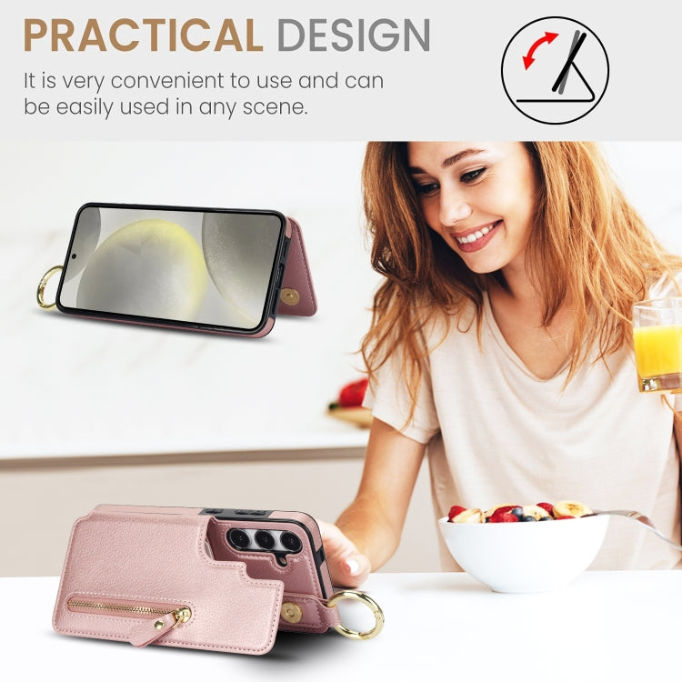 For Samsung Galaxy S24 5G Litchi Texture Zipper Double Buckle Card Bag Phone Case(Rose Gold)
