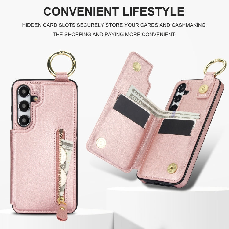 For Samsung Galaxy S24 5G Litchi Texture Zipper Double Buckle Card Bag Phone Case(Rose Gold)
