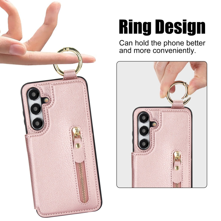 For Samsung Galaxy S24 5G Litchi Texture Zipper Double Buckle Card Bag Phone Case(Rose Gold)