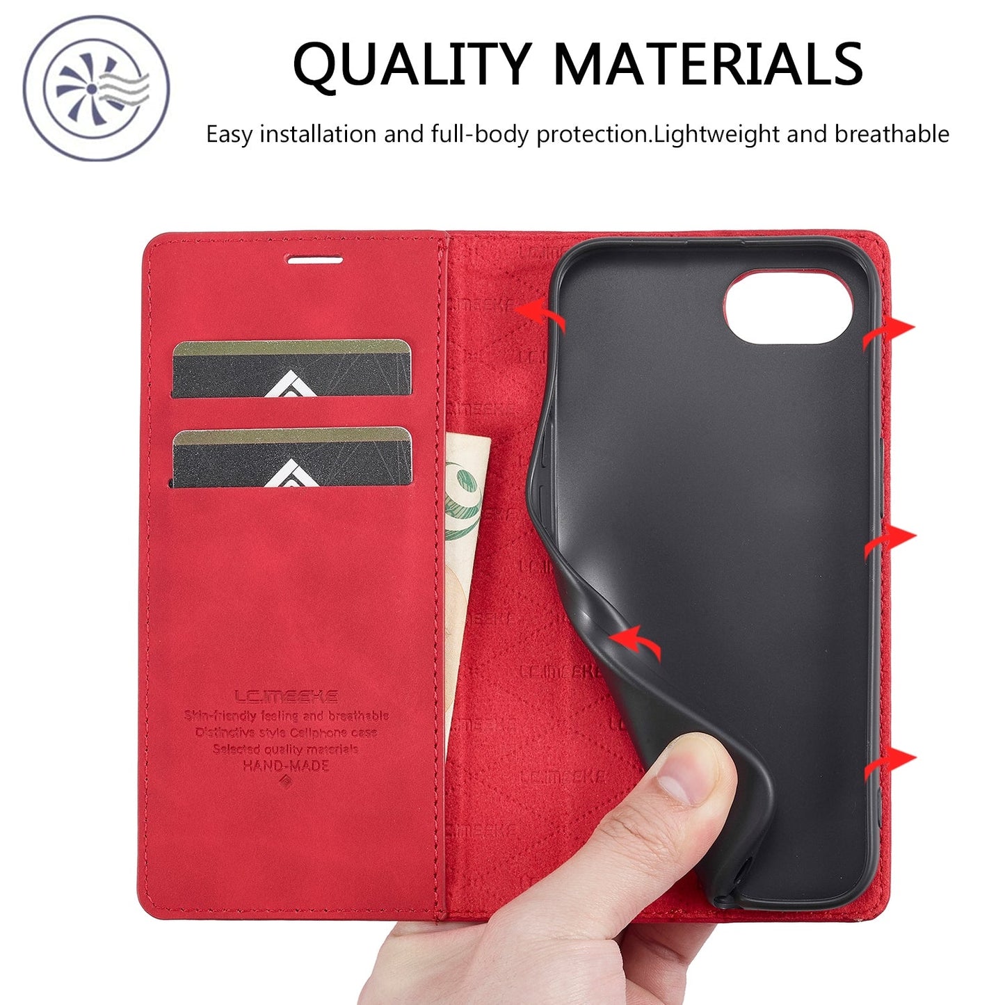 For iPhone 16e LC.IMEEKE Strong Magnetism Microfiber Leather Phone Case(Red)
