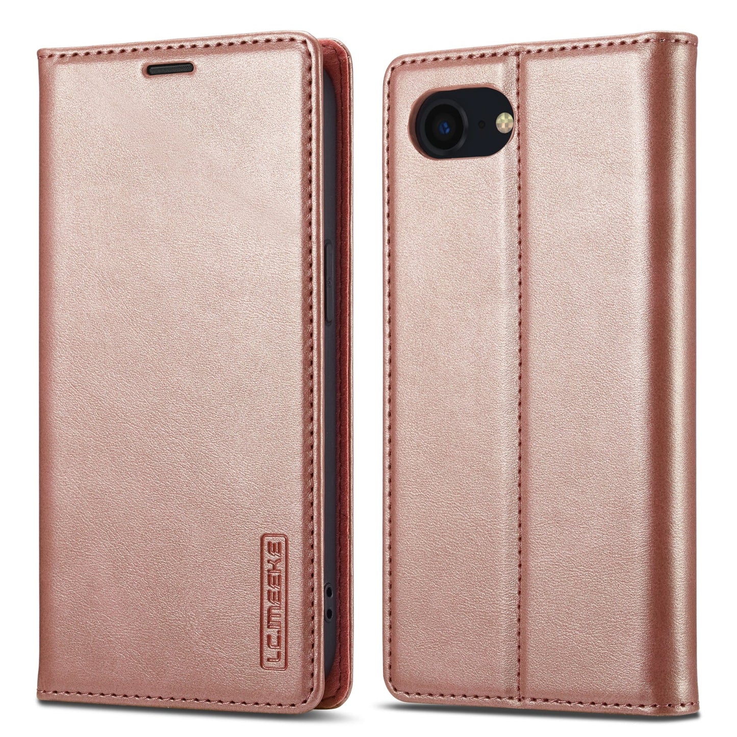 For iPhone 16e LC.IMEEKE Strong Magnetism Microfiber Leather Phone Case(Rose Gold)