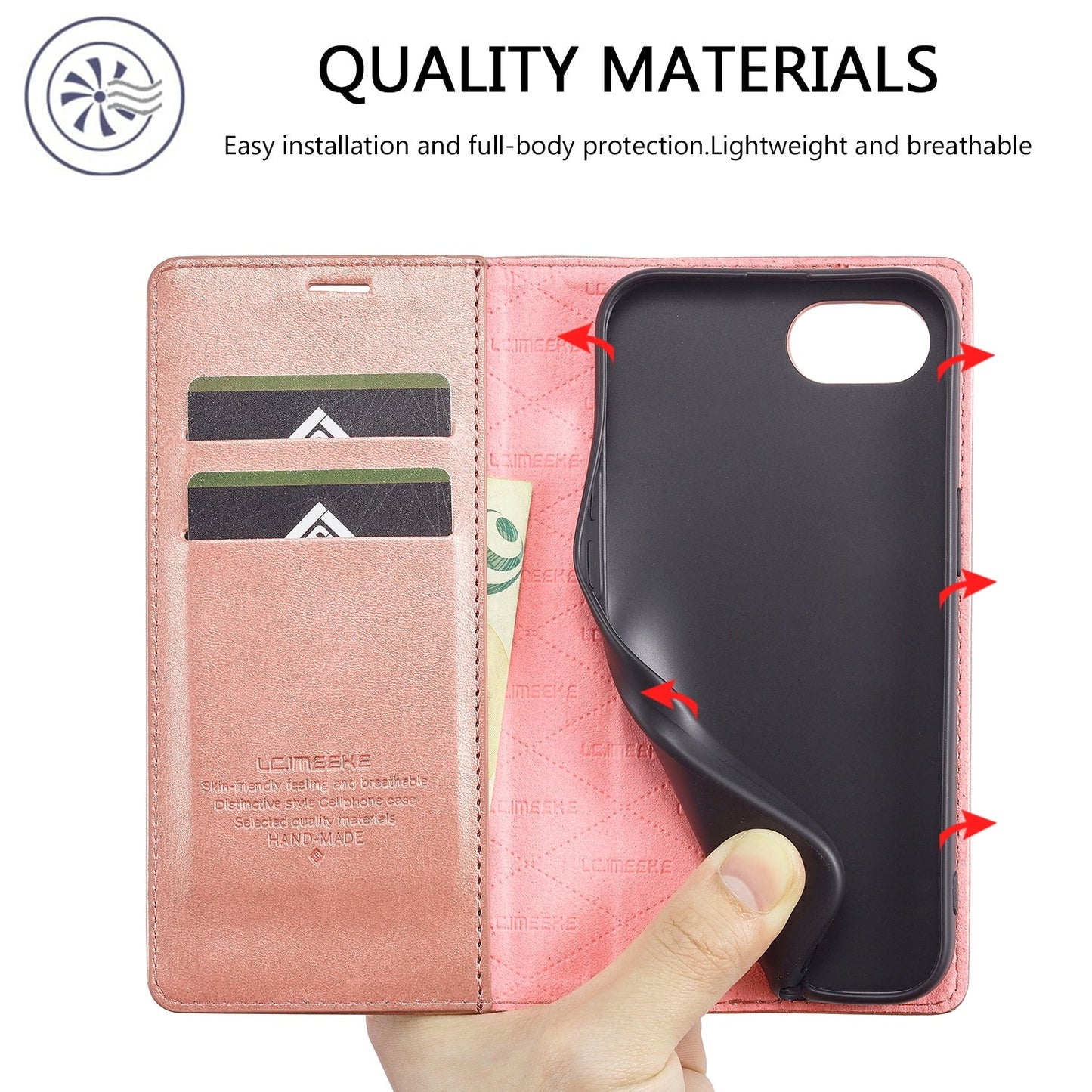 For iPhone 16e LC.IMEEKE Strong Magnetism Microfiber Leather Phone Case(Rose Gold)