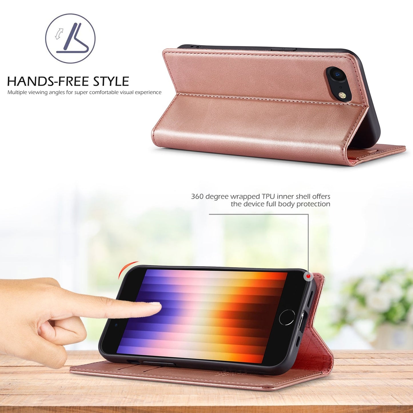 For iPhone 16e LC.IMEEKE Strong Magnetism Microfiber Leather Phone Case(Rose Gold)