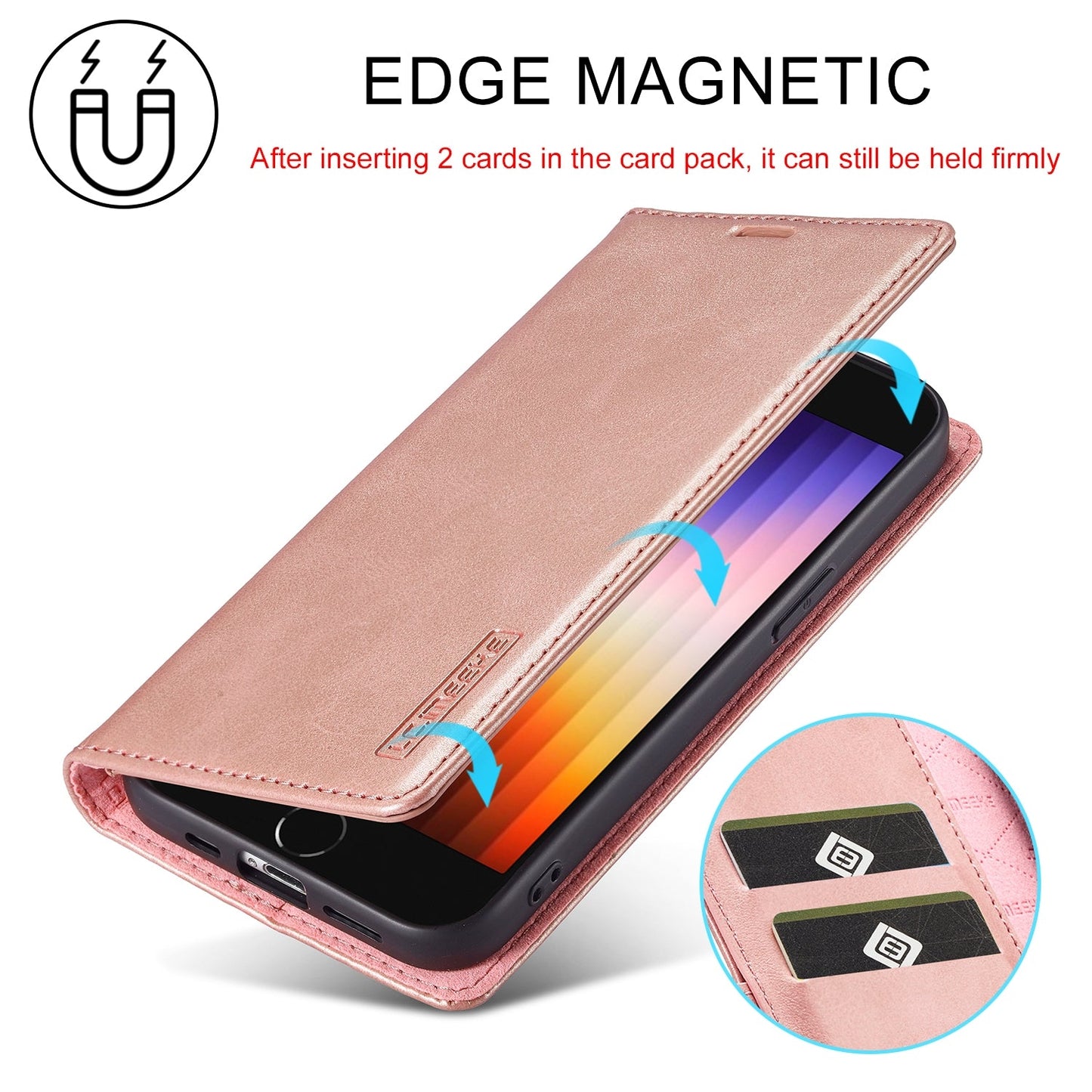 For iPhone 16e LC.IMEEKE Strong Magnetism Microfiber Leather Phone Case(Rose Gold)
