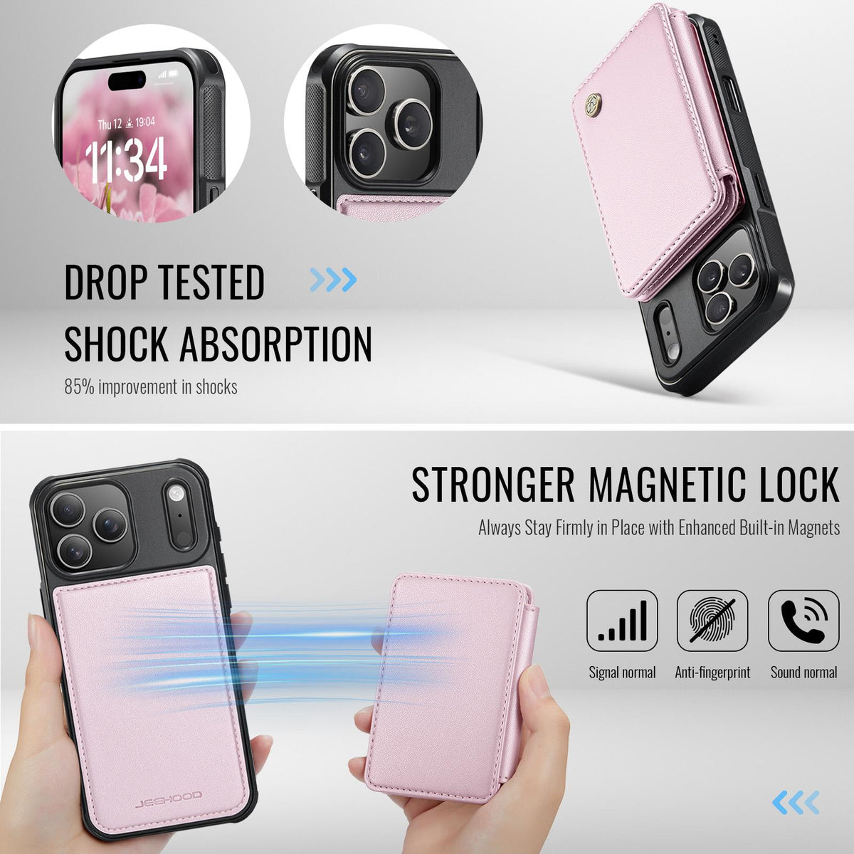 Compatible with iPhone 18 Pro Max JEEHOOD J05 Business Magnetic Style RFID Leather Phone Case - Pink