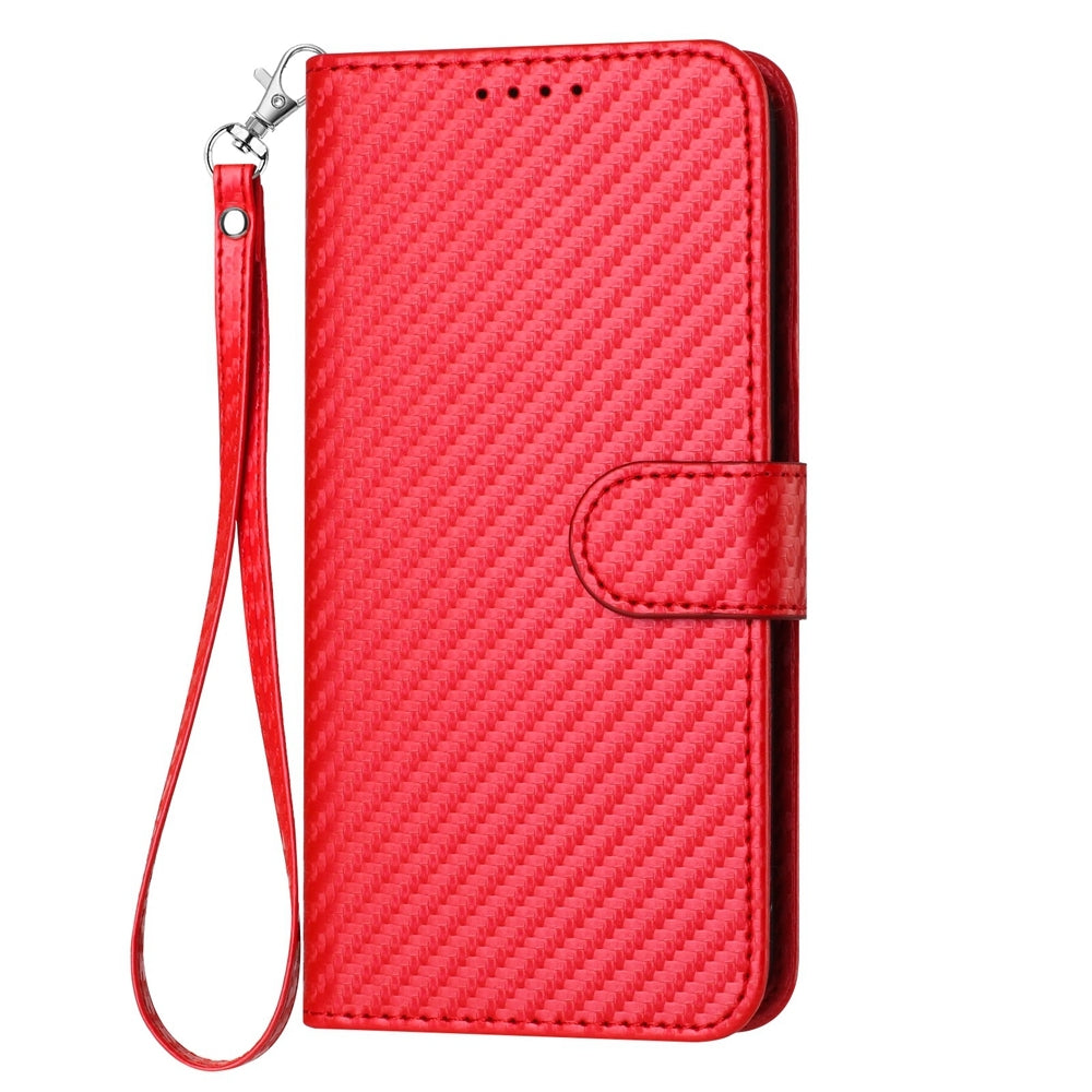 For iPhone 16e YX0070 Carbon Fiber Buckle Leather Phone Case with Lanyard(Red)