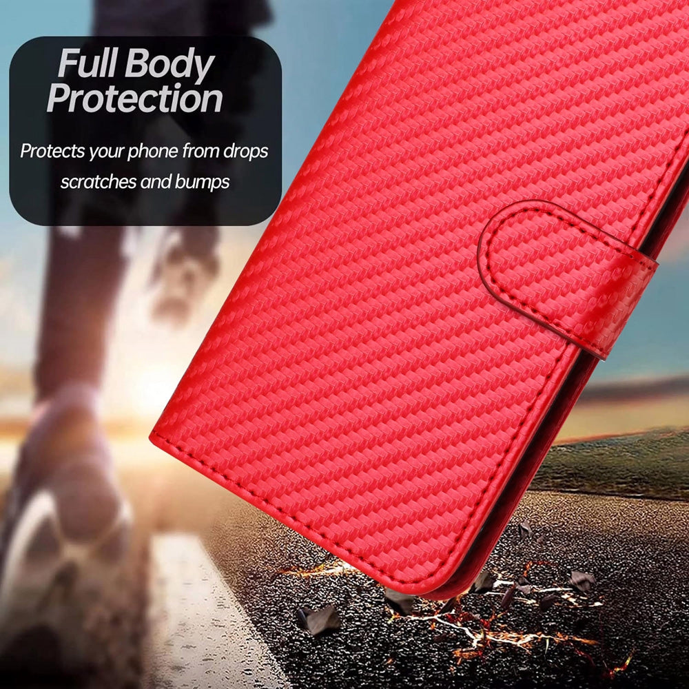 For iPhone 16e YX0070 Carbon Fiber Buckle Leather Phone Case with Lanyard(Red)