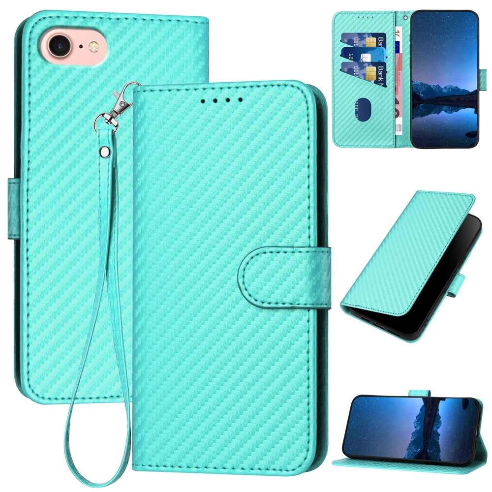 For iPhone 16e YX0070 Carbon Fiber Buckle Leather Phone Case with Lanyard(Light Blue)