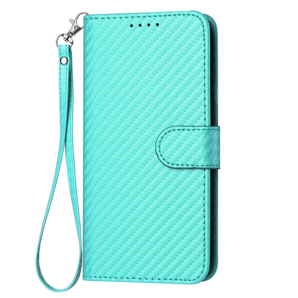 For iPhone 16e YX0070 Carbon Fiber Buckle Leather Phone Case with Lanyard(Light Blue)