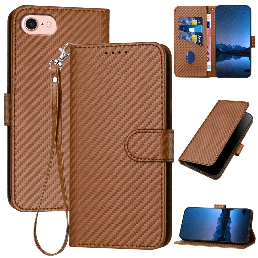 For iPhone 16e YX0070 Carbon Fiber Buckle Leather Phone Case with Lanyard(Coffee)
